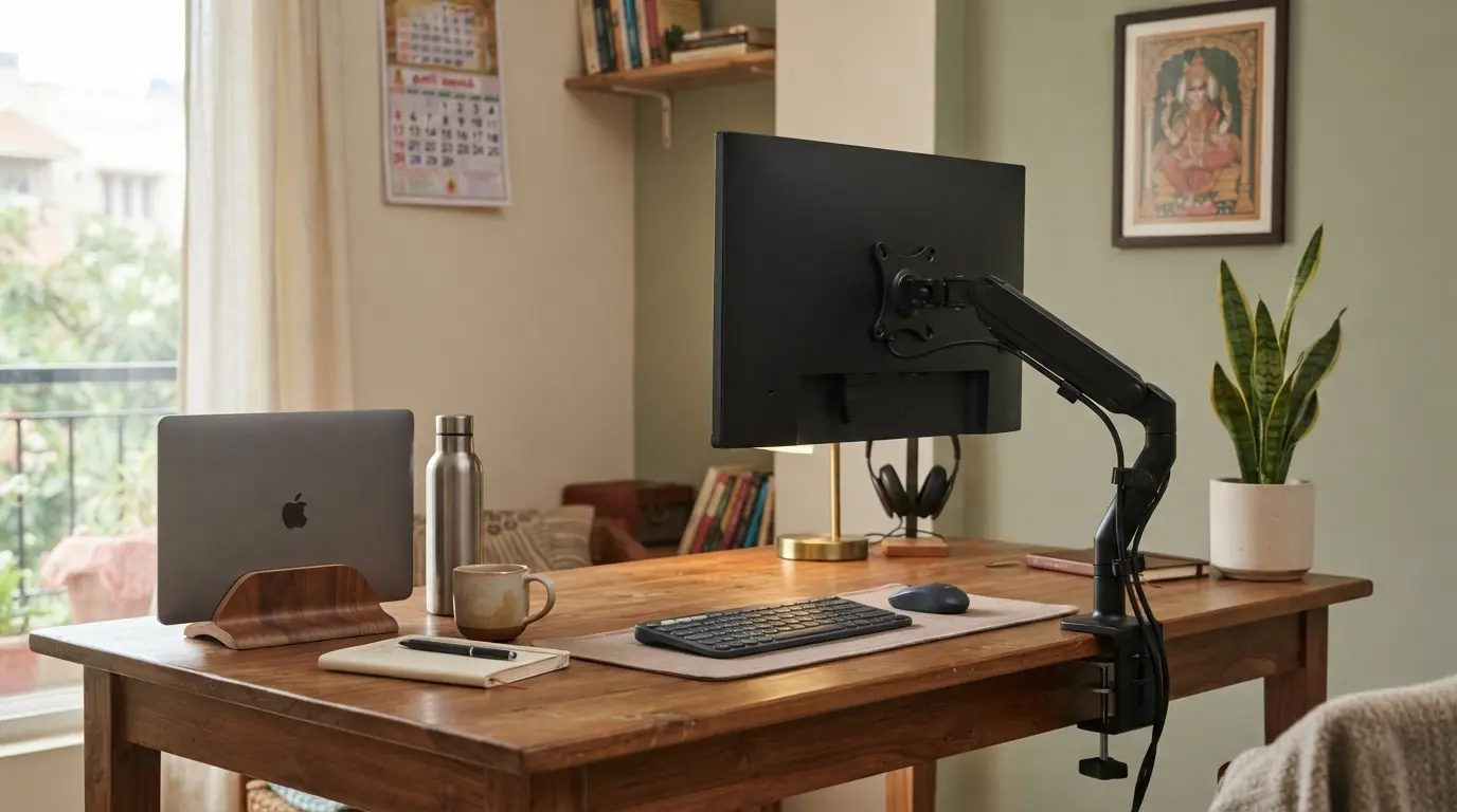 Budget monitor arm for a home office desk